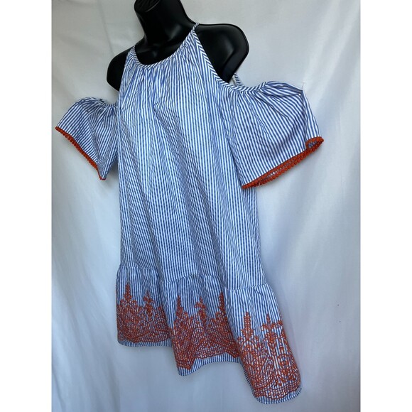 Maggy London Embroidered Striped Dress Size 10 Cold Shoulder Nautical Boho Cute - Picture 4 of 10